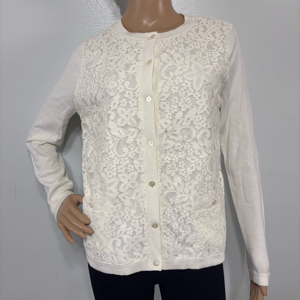 Land’s End Ivory Lace Light Weight Spring Cardigan Sweater Size MP